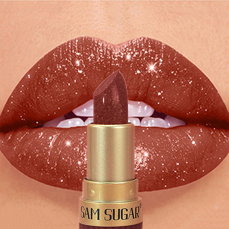 Diamond Pink Lipstick Chocolate Brown Metallic Glitter Lipstick Long-Lasting Waterproof Shimmer Pearl Sparkling Lip Gloss Makeup