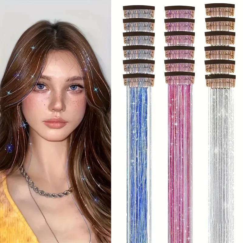 12pcs Per Pack of BB Hair Clips Shiny Metallic Hair Extensions with Clips Fairy Hair Sparkling Hair Accessories for Women.