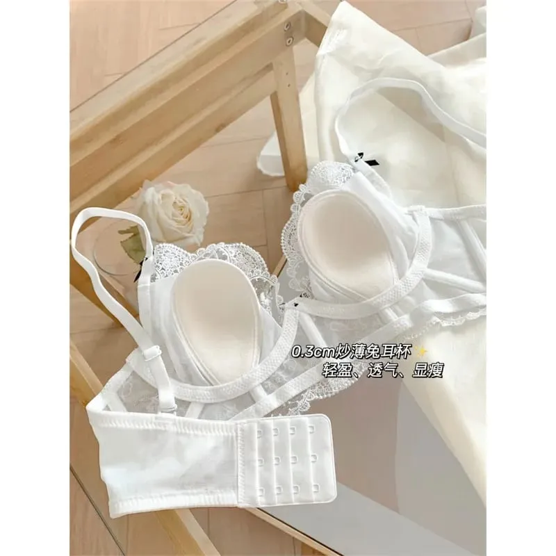 French Lace Lingerie Set Women Wirefree Minimizer Support Summer Ultra Thin Bra Large Chest Petite Look Bunny Ears
