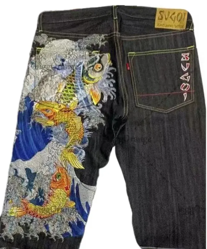 Japanese hip-hop Brocade carp printed jeans same style couple washed high waist retro casual loose ins straight wide leg pants — image 9