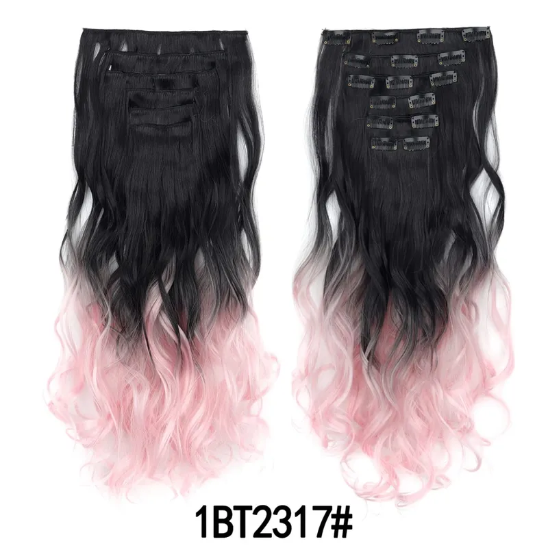 คลิปในส่วนขยายของผม 6PCS Hairpiece 20 นิ้วยาวหยักสังเคราะห์หนา Double Weft ผมสำหรับผู้หญิงสีไล่ระดับสีทุกวันใช้