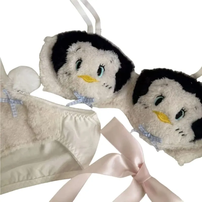 Lingerie invernale da donna con motivo panda a cartoni animati, reggiseno e mutandine in peluche peloso, biancheria intima per cosplay di anime giapponesi, scolaretta