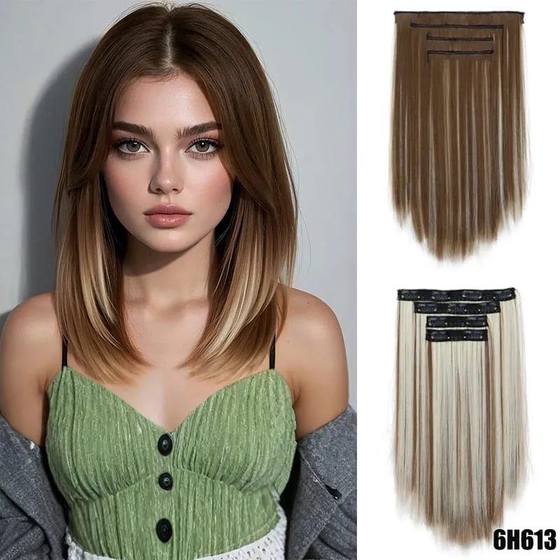 Wig piece for women long straight hair extensions 11 card four piece set synthetic clip hair — image 11