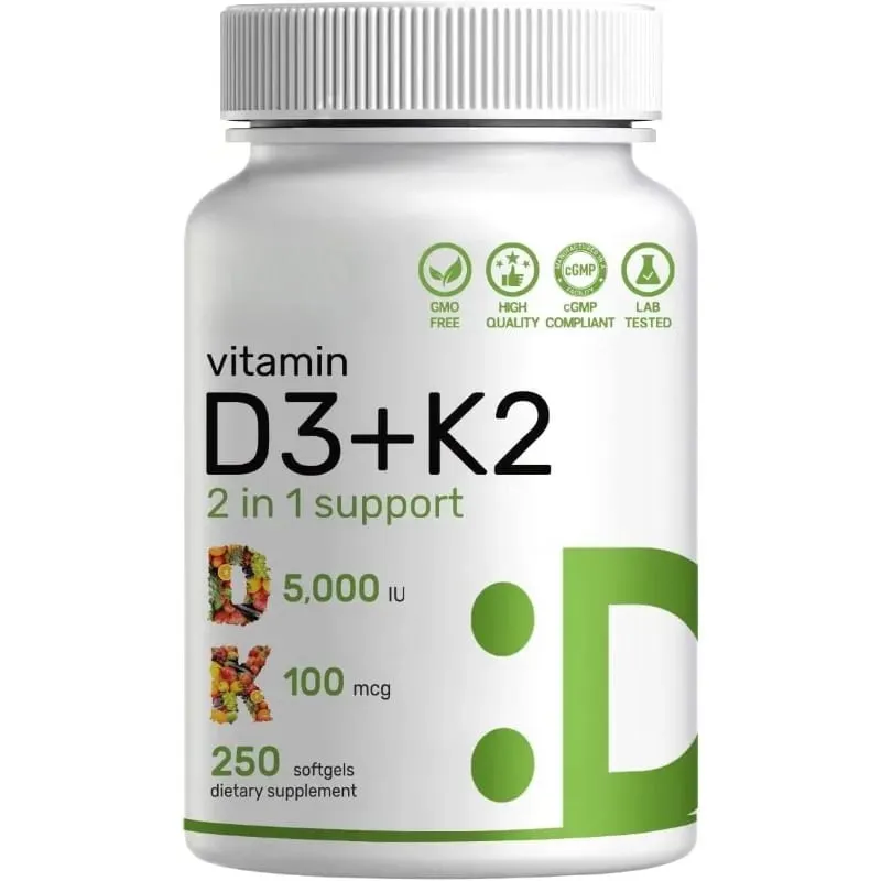 Vitamin D3 + K2 MK7 Softgels 250 Count 2-in-1 Complex Non-GMO Soy-Free Gluten-Free Bone Health Support Immune System Booster