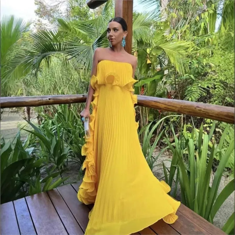 Vestido de fiesta de verano para mujer, vestido largo formal de gasa plisado naranja, vestido de fiesta de playa sin tirantes con volantes hecho a medida