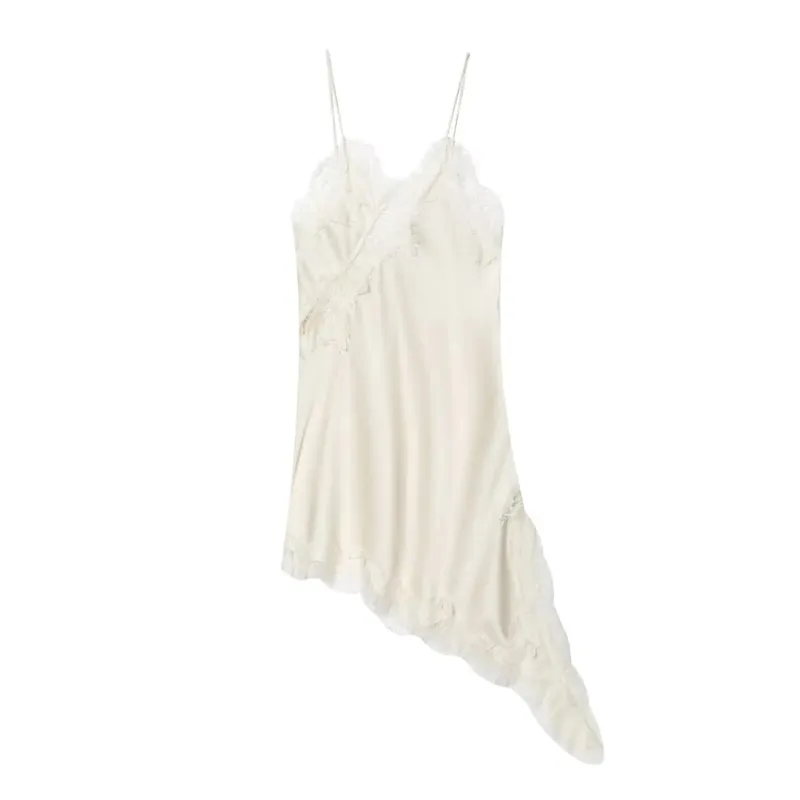 Bruin Satijn Kant Splicing Sling Jurk Vrouwen Elegante Onregelmatige Zoom V-hals Backless Mouwloze Jurk Chic Vrouwen Party Club vestidos