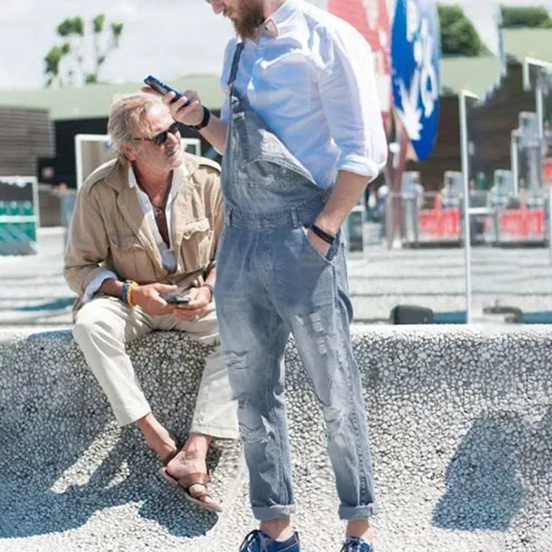 Men Jeans Overalls Washed Denim Pencil Ankle Length One Piece Hole Distressed Pockets Casual Spliced Ripped Vintage Suspenders