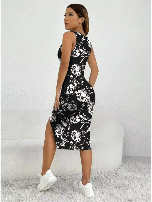 Women's Summer Casual Elegant Comfortable Square Neck Geometric Pattern Floral Pattern Slit Dress Mid Length Skirt — image 2