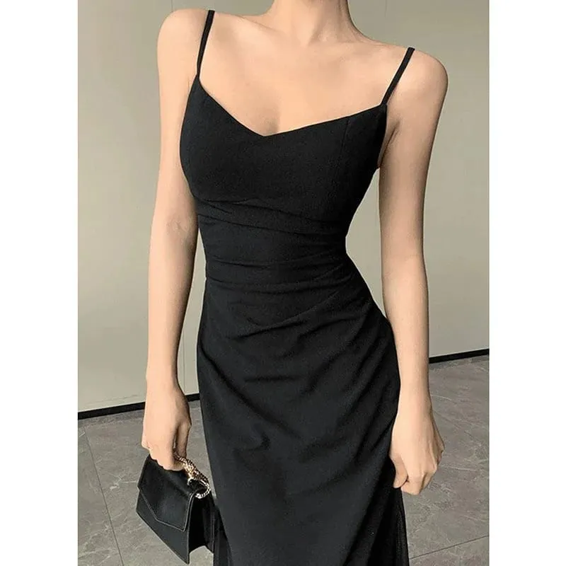 Koreanisches V-Ausschnitt-Spaghetti-Träger-Kleid für Frauen, sexy rückenfreie Taillen-Enge Party-Kleider für Damen, elegantes schwarzes, durchsichtiges Midi-Kleid. Neu