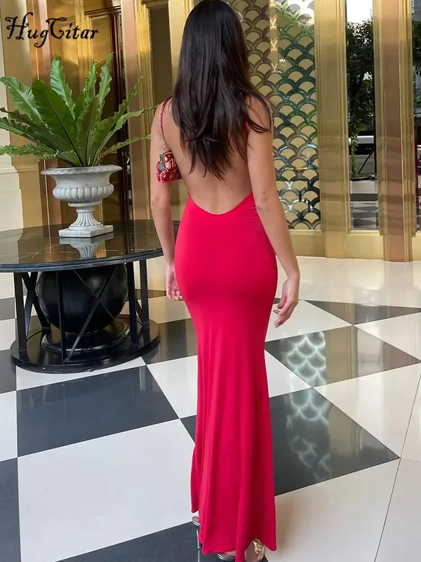 Hugcitar Summer Solid Sleeveless Backless Elegant Sexy Bodycon Y2K Maxi Prom Dress Women Clothes Birthday Party Casual Y2K — image 2