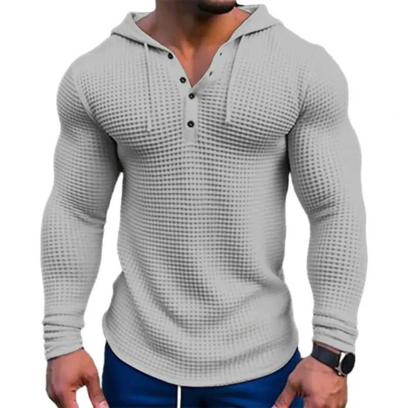 T-shirt à manches longues pour hommes, couleur unie, coupe cintrée, à capuche, respirant, haut de sport, en coton gaufré, décontracté, printemps