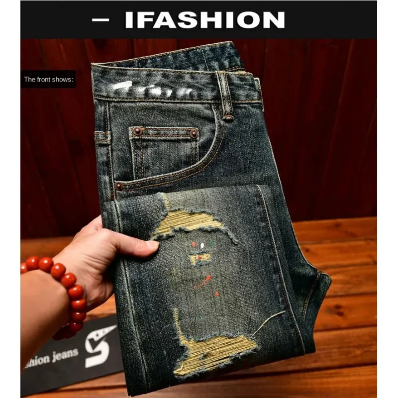 Broken hole patch jeans for men 2025 new men's clothing paint printing trend design retro nostalgic slim fit denim pants