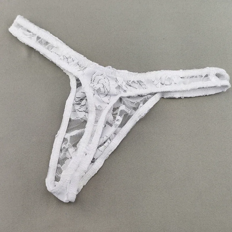 Lace Floral Sexy Men's Underwear Solid Hollow Perspective Thong Comfort Bugle Enhance Sissy G-String Gay Low Rise T-back Panties — image 4