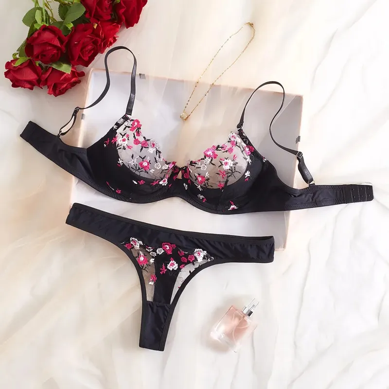 Sexy Womens Underwear Exotic Emotional Bra Set Embroidered Print Brassiere Lingerie Set Women's Push Up Thin Bralette suit
