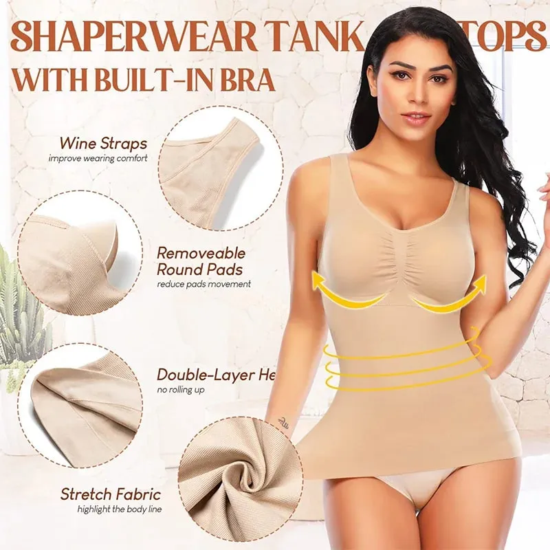 Women Tummy Control Shapewear Classic 2-IN-1 With Padded Bra High Elastic Vest Body Shaper Up Lift Corset Cami Tank Tops 3Colors