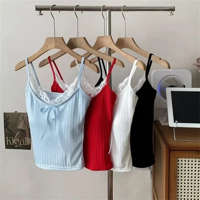 Sexy Patchwork Lace Trim Camis Top Sweet Casual Slim Solid V-Neck Sleeveless Cute Tank Tops Women 2025 Summer Streetwear Lady