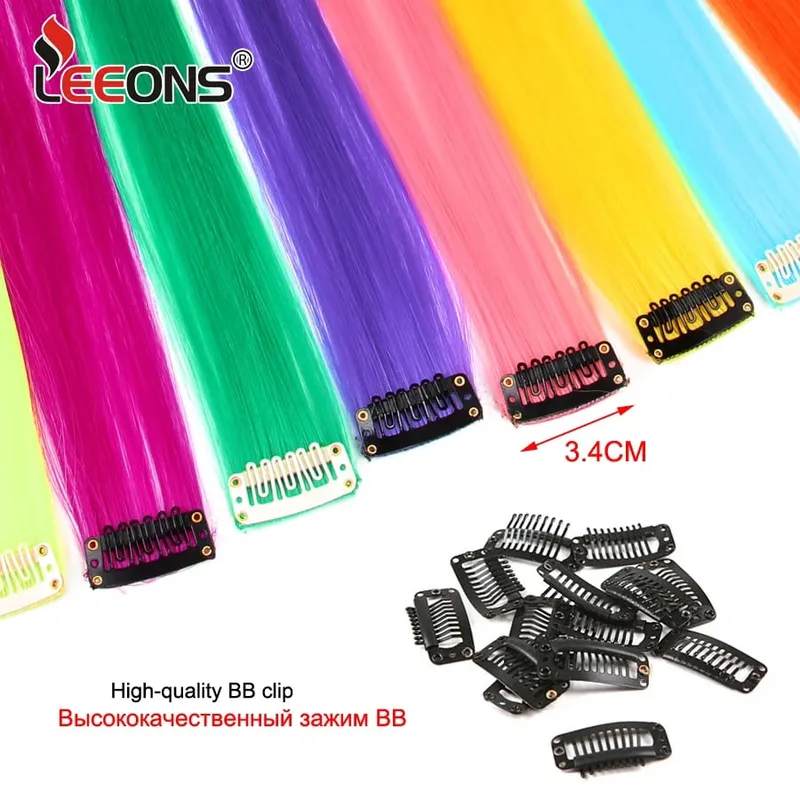 Lige farvet hårstykke Hair Extensions Clip In Highlight Regnbuehår Pink Blå Lilla Syntetisk på klips til kvinder piger — image 6
