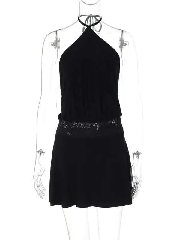 Hugcitar Damesmode Halter Solid Backless Patchwork Kant Bandage Sexy Mini Jurk 2025 Zomer Kleding Vakantie Party Club