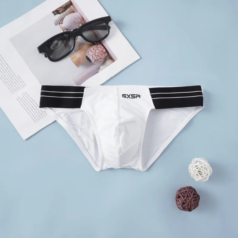 Solid color splicing side waist high fork men's briefs threaded ice silk fashionable low waist men's underwear