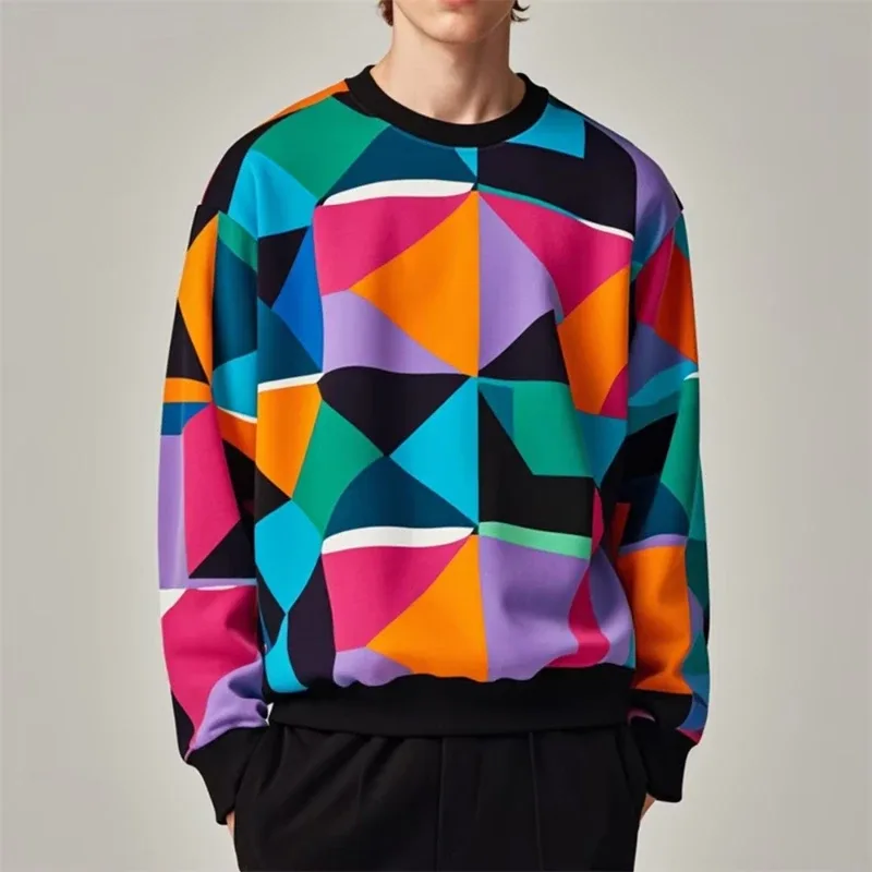 Fall Fashion Pullover Sweatshirt For Men 3d Colorful Geometry Graphic Print Round Neck Neck Hoodies Pullover Casual Male Clothes