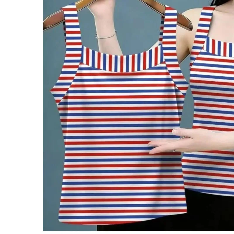 Summer Sleeveless Striped Contrast Patchwork Plus Size Vintage Tops All-match Harajuku T Shirts Fashion Casual Women Clothing