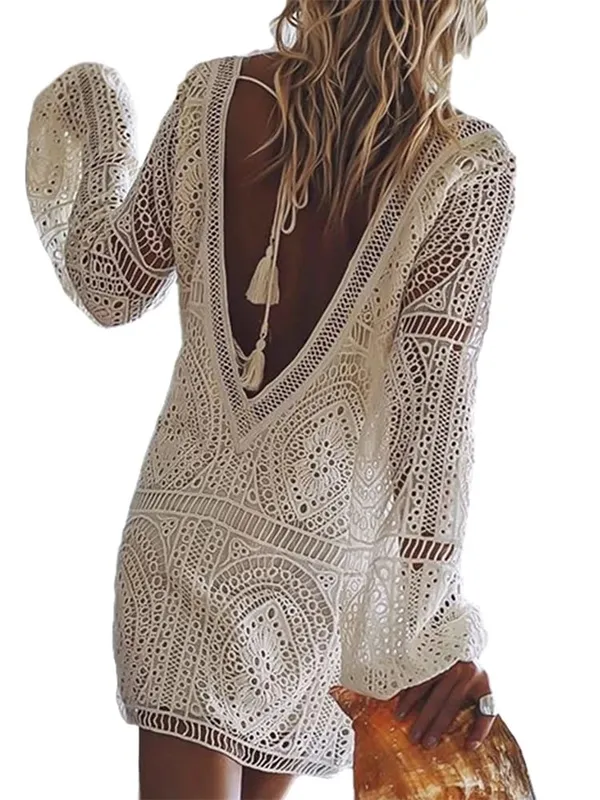 Women's Lace White Dress Long Lantern Sleeve Deep V-neck Backless Mini Dress Casual Elegant Fall Dresses
