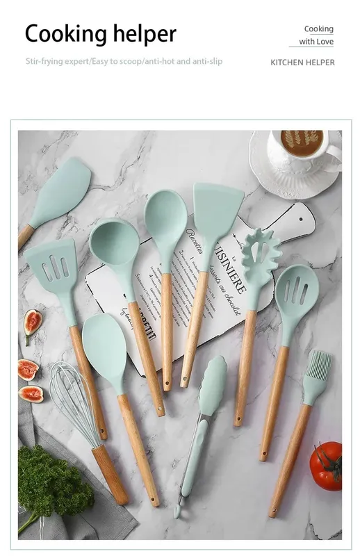 12pcs Set of Multi-color Silicone Wooden Handle Kitchenware Set Non Stick Pot Spatula and Spoon Cooking Utensils Heat-resistant
