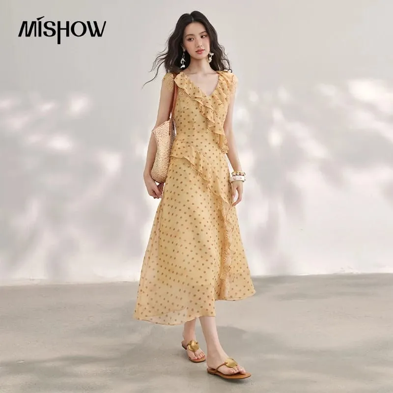Women's Vintage Polka Dot Midi Dress 2026 Summer French V Neck Lace Ruffle Dress Sleeveless Slim Long Dresses MXF29L2745