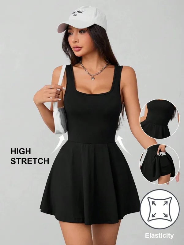 Ladies Elegant Sexy Spring Summer Square Collar Pocket Safety Pants Dress Fashionable Women's Clothing