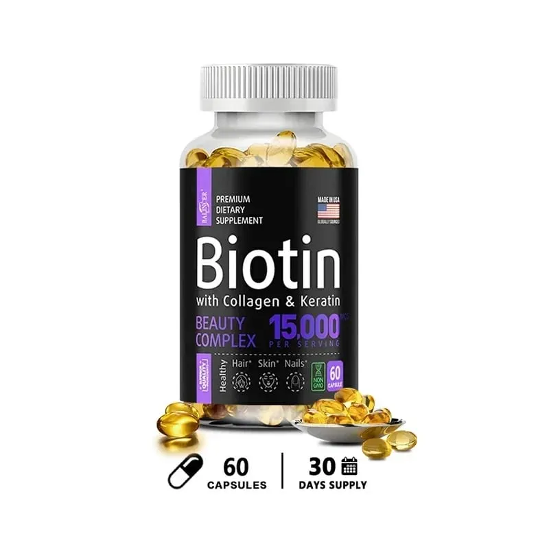 Biotin Supplement - 15 000 Mcg with Collagen and Keratin Vitamins Shiny Hair Skin and Nails Joint Health 30/60/120 Capsules