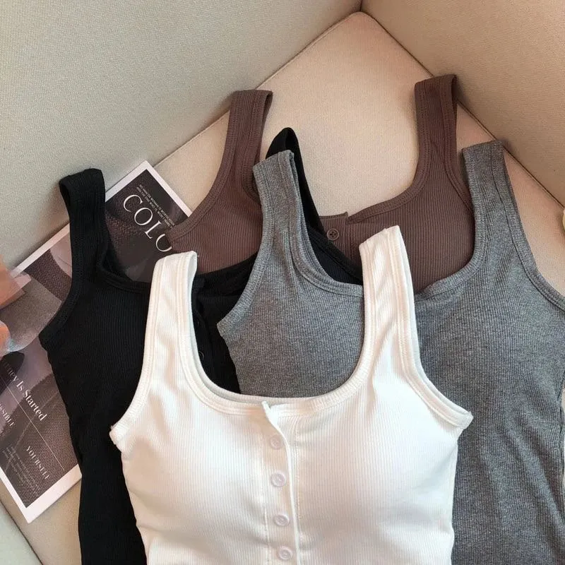 Women's Solid Color Spaghetti Straps Sleeveless Slim Camisole with Chest Pad Summer Wear Outside Female Short Tops Vests