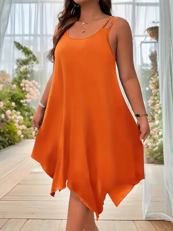 Plus Size Womens Solid Strappy Asymmetrical Hem T Shirt Midi Dress Ladies Sleeveless Casual Loose Summer Holiday Sundress XL-5XL — image 3