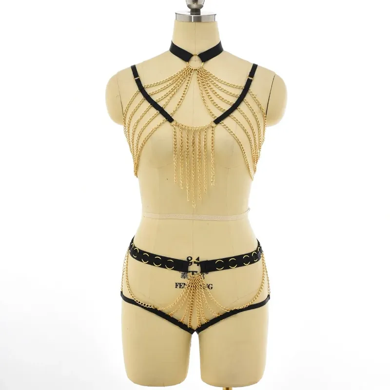 Bra Sangkar Pengekang Tubuh Elastis Gotik Set Lingerie Seksi Penyesuaian Berongga Pakaian Pertunjukan Bulu Halloween Punk Tali Kekang