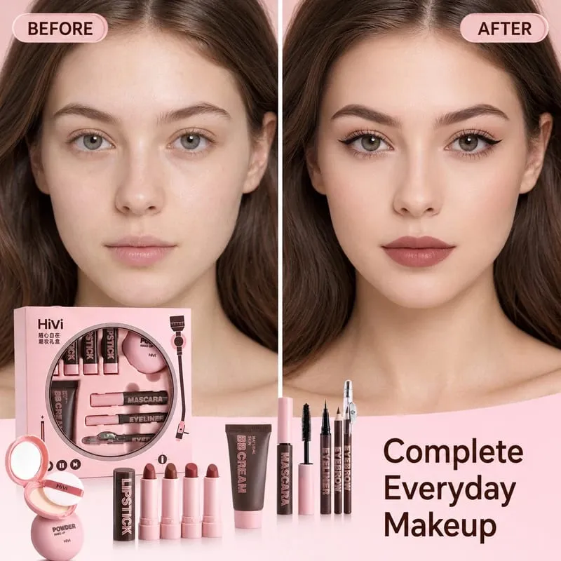 9PCS Makeup Gift Set for Women All-in-One Lipstick Mascara Eyeliner BB Cream Powder Compact Travel Beauty Kit for Beginners