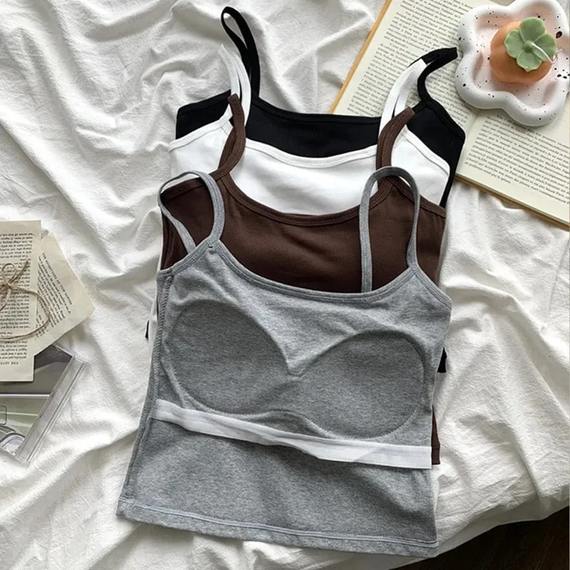1PC Cotton Spaghetti Straps Sleeveless Slim Camisole Women Soft Breathable Vests with Chest Pad Summer Wear Outside Short Tops