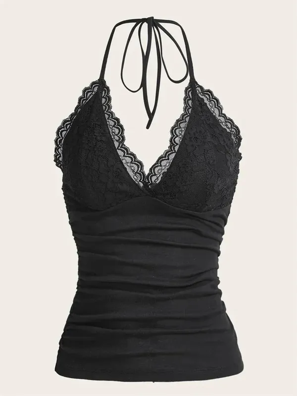 Goth Grunge Punk Black Lace Patchwork Halter Top Women Summer Solid Ruched Backless Sleeveless Tank Top Streetwear Y2K Clothes — image 2