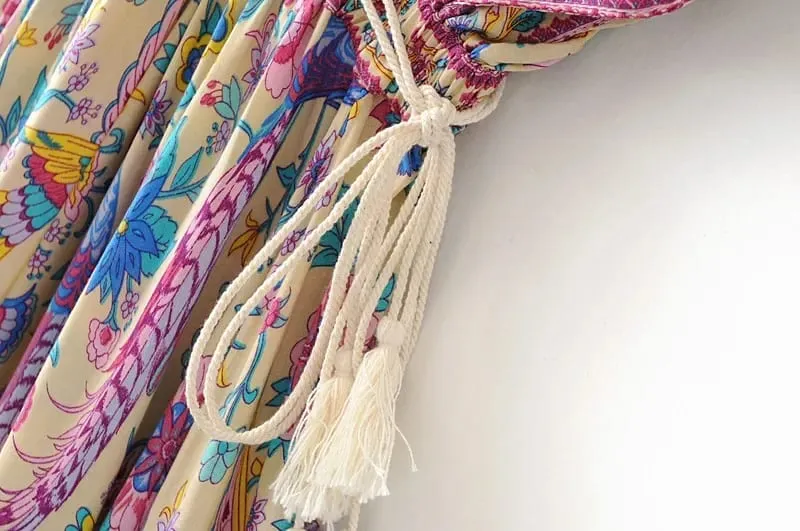 Boho Queens Mulheres Pavão Floral Impressão Manga Morcego Praia Boêmio Maxi Vestidos Senhoras V Neck Tassel Vestido de Verão