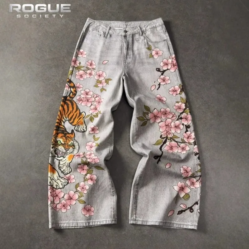 Japanese Tiger Sakura Men Jeans Summer Y2K Wide Leg Denim Pants Streetwear Hip Hop Retro Harajuku Loose Vintage Trousers Unisex