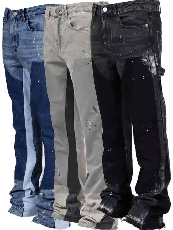 2025 Men's Fashion Jeans Work Pants European and American Fashion Workwear Elastic Patchwork Denim Layered Flared Pants S-XXL