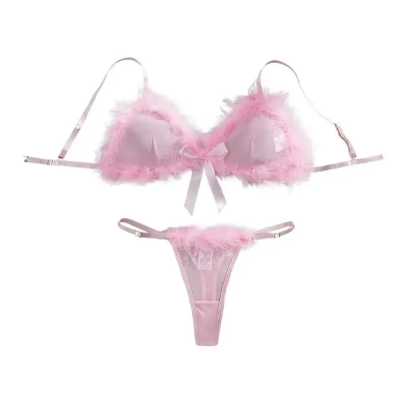 Furry Women's Underwear Mesh Transparent Wireless Lingerie Set Bow Decor Romantic Intimate Bra Panties Suit Intimate Moments
