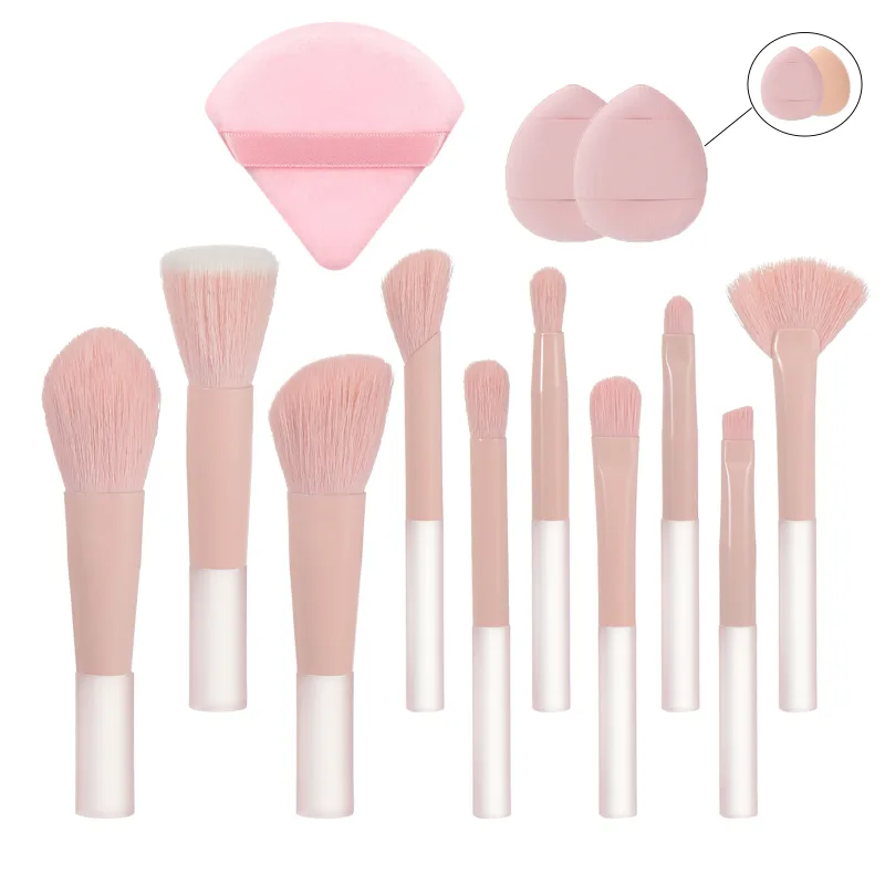 10 pink mini makeup brushes with storage bag foundation contouring brush eyeshadow brow brush - Makeup puff portable makeup