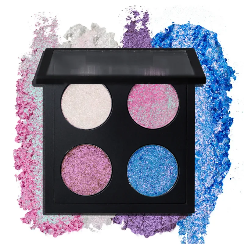 Paleta de sombras camaleão vegano de 4 cores, maquiagem de marca própria, atacado, logotipo personalizado, sombra de olhos com mudança de cor