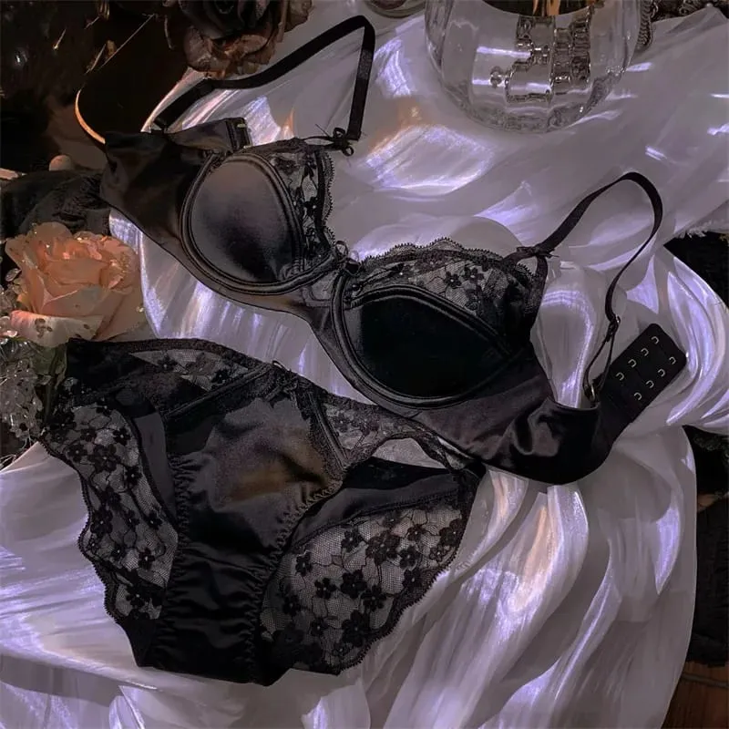 French Premium Satin Half Cup Lace Underwear Women's Thin Sexy Gathering Top Support Glossy Bra Set Big Breasts Small 32-38 Set