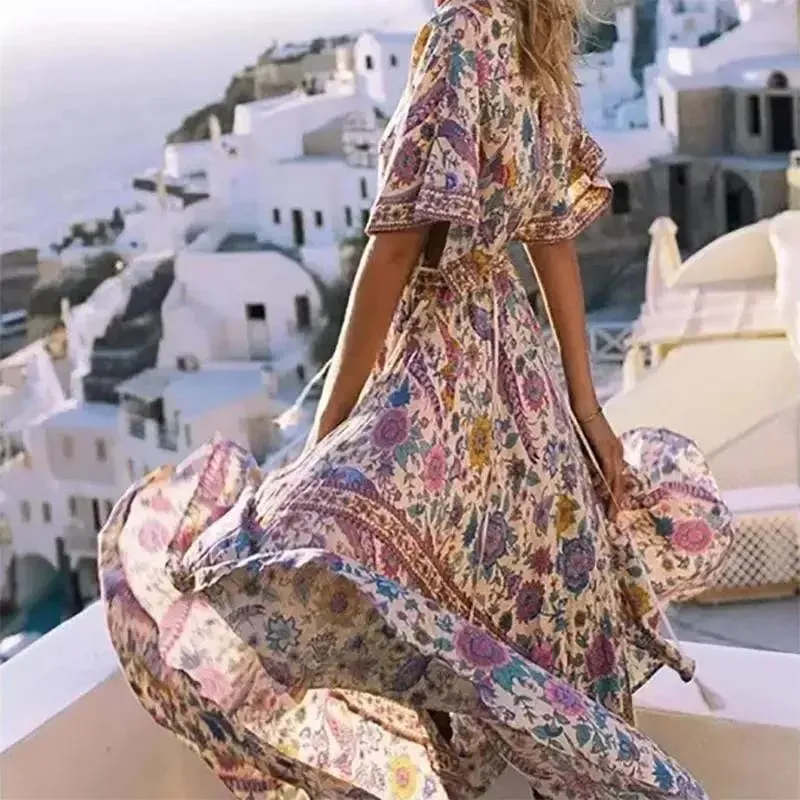 Boho Queens Mulheres Pavão Floral Impressão Manga Morcego Praia Boêmio Maxi Vestidos Senhoras V Neck Tassel Vestido de Verão