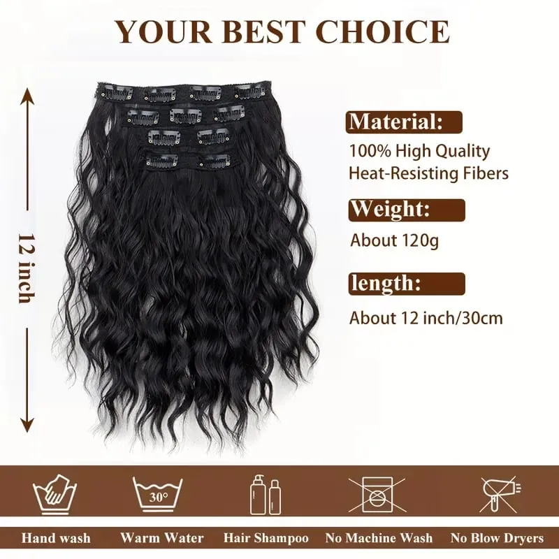 12Inch Synthetic Short Wavy Curly Hair Extension 4pcs/set Clip in Hair Easy to Wear for Women Party Use Daily