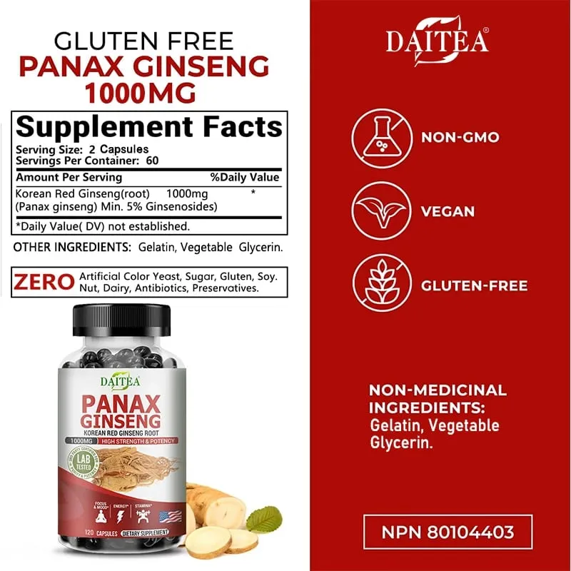 Ginseng Extract - Brain Booster for Memory and Focus Nitric Oxide Supplement Natural Energy Boost for Men and Women