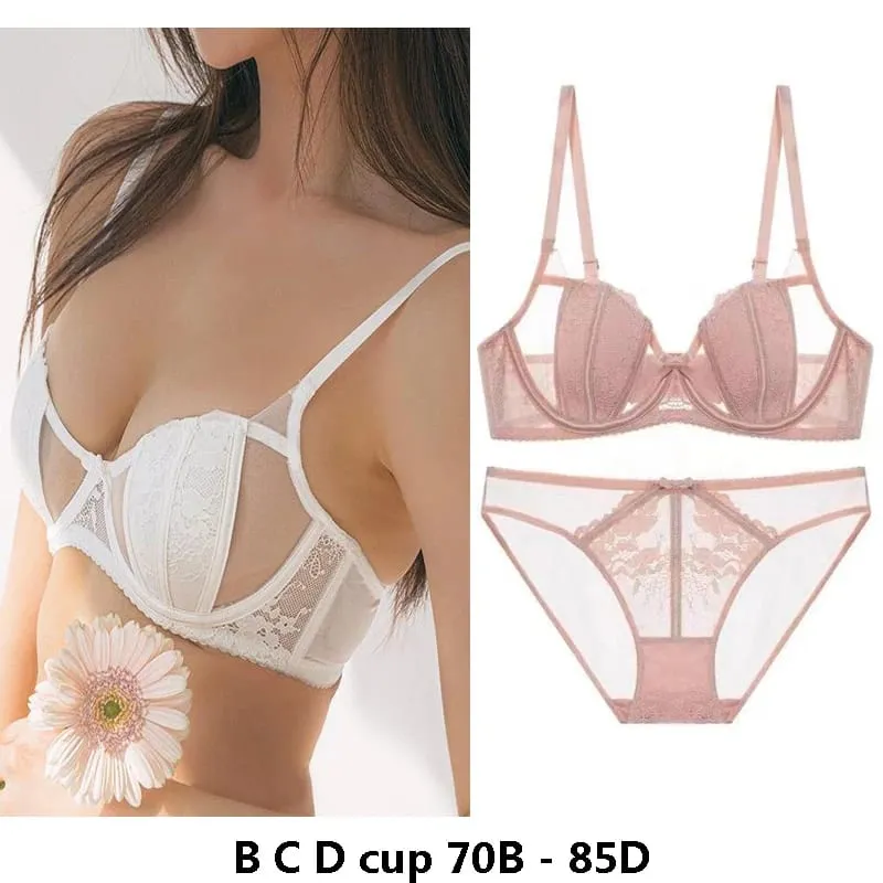 high quality sexy women bras and brief two piece set push up lace B C D cup wire summer lingerie underwear white pink red