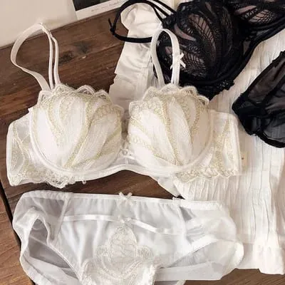 Sexy Embroidery Lace Shell Half Cup Small Breasts Push Up Bra Set Thicken Adjustable Pad Brassiere Panties Girls Underwear