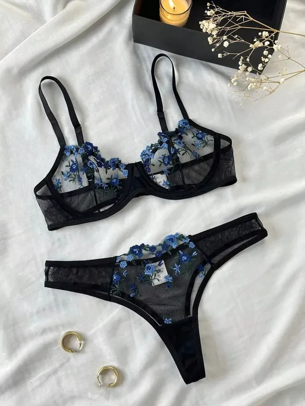 Erotic Embroidery Blue floral fragments Lace Babydoll Sensual Lingerie Bra Set For Women Underwear Intimate Sexi Panty Set 2024 — image 7
