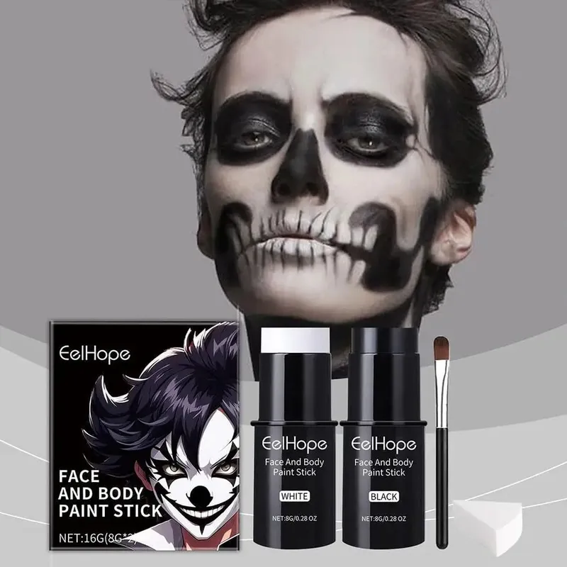 Halloween Black White Face Body Paint Kit Full Coverage Lighweight Foundation Clown Joker Makeup Festive Makeup Accessories Set